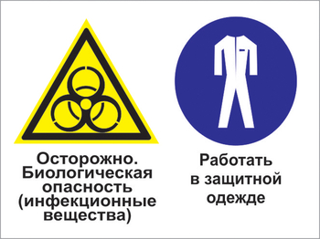 Кз 72 осторожно - биологическая опасность (инфекционные вещества). работать в защитной одежде. (пленка, 600х400 мм) - Знаки безопасности - Комбинированные знаки безопасности - ohrana.inoy.org